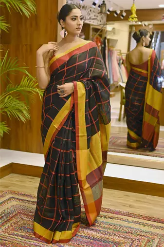 Handmade bhagalpuri linen saree with zari check in black shade with blouse piece