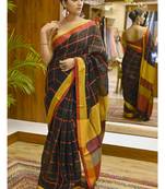Handmade bhagalpuri linen saree with zari check in black shade with blouse piece