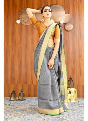 Handmade bhagalpuri linen saree with contrast border in grey shade with blouse piece 1