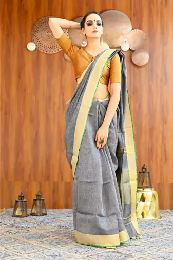 Handmade bhagalpuri linen saree with contrast border in grey shade with blouse piece