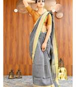 Handmade bhagalpuri linen saree with contrast border in grey shade with blouse piece