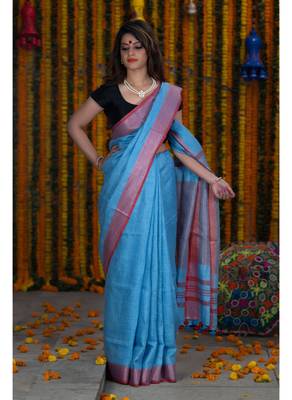 Handmade bhagalpuri linen saree with contrast border in blue shade with blouse piece 1