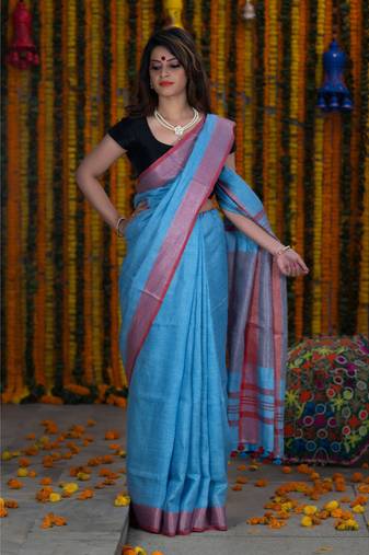 Handmade bhagalpuri linen saree with contrast border in blue shade with blouse piece