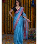 Handmade bhagalpuri linen saree with contrast border in blue shade with blouse piece
