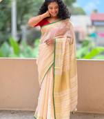 Handmade bhagalpuri linen saree with contrast border in off white shade with blouse piece