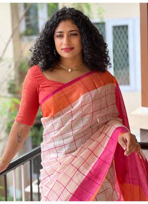 Handmade bhagalpuri linen saree with checks in light babt pink shade with blouse piece 1