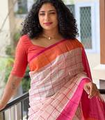 Handmade bhagalpuri linen saree with checks in light babt pink shade with blouse piece