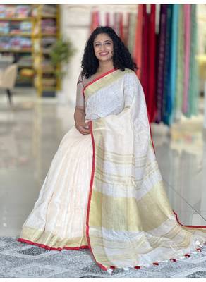 Handmade bhagalpuri linen saree with contrast border in white shade with blouse piece 1