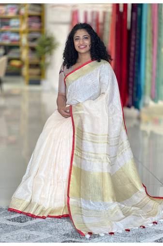 Handmade bhagalpuri linen saree with contrast border in white shade with blouse piece