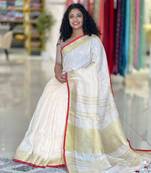 Handmade bhagalpuri linen saree with contrast border in white shade with blouse piece