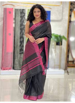 Handmade bhagalpuri kota viscose saree with contrast border in black shade with blouse piece 1