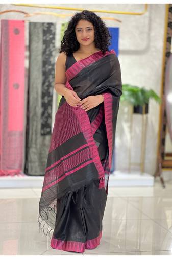 Handmade bhagalpuri kota viscose saree with contrast border in black shade with blouse piece