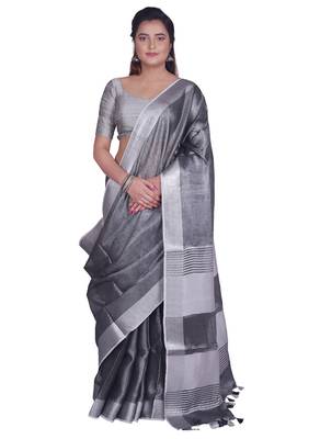 Handmade bhagalpuri tissue linen saree with contrast border in grey shade with blouse piece 1
