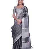 Handmade bhagalpuri tissue linen saree with contrast border in grey shade with blouse piece