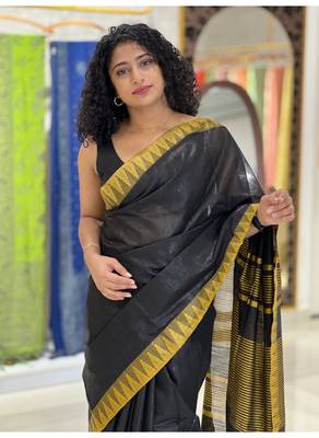 Handmade bhagalpuri kota viscose saree with contrast border in black shade with blouse piece 1