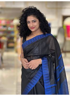 Handmade bhagalpuri kota visocse with contrast border in black shade with blouse piece 1