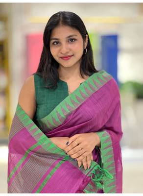 Handmade bhagalpuri kota viscose with contrast border in pink shade with blouse piece 1