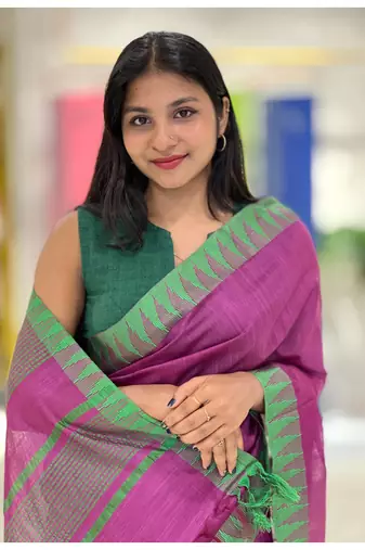 Handmade bhagalpuri kota viscose with contrast border in pink shade with blouse piece