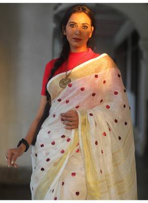 Handmade bhagalpuri embroidered linen saree in white shade with blouse piece 1
