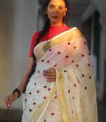 Handmade bhagalpuri embroidered linen saree in white shade with blouse piece