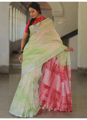 Handmade bhagalpuri linen saree with tie dye in white shade with blouse piece 1