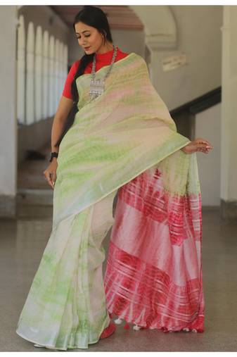 Handmade bhagalpuri linen saree with tie dye in white shade with blouse piece