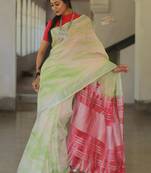Handmade bhagalpuri linen saree with tie dye in white shade with blouse piece