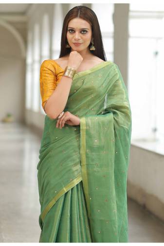 Handmade bhagalpuri tissue linen saree with mirror work in green shade with blouse piece