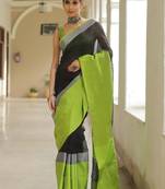 Handmade bhagalpuri linen saree with contrast border in black shade with blouse piece