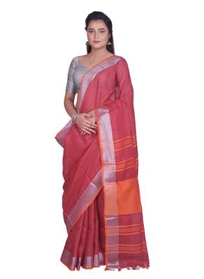 Handmade bhagalpuri linen saree with contrast border in magenta red shade with blouse piece 1