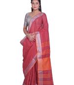 Handmade bhagalpuri linen saree with contrast border in magenta red shade with blouse piece