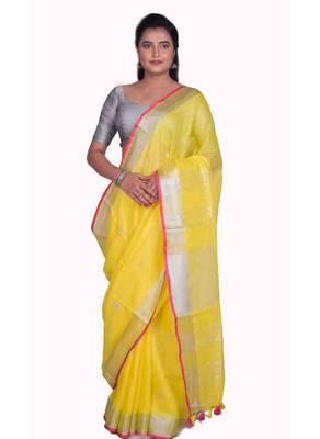 Handmade bhagalpuri embroidered linen saree with contrast border in yellowshade with blouse piece 1