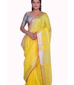 Handmade bhagalpuri embroidered linen saree with contrast border in yellowshade with blouse piece