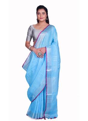 Handmade bhagalpuri linen saree with contrast border in sky blue shade with blouse piece 1