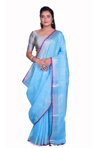 Handmade bhagalpuri linen saree with contrast border in sky blue shade with blouse piece