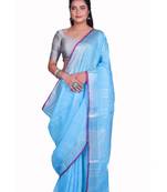 Handmade bhagalpuri linen saree with contrast border in sky blue shade with blouse piece