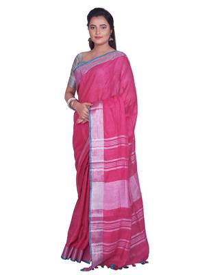Handmade bhagalpuri linen saree with contrast border in pink shade with blouse piece 1
