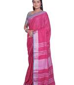 Handmade bhagalpuri linen saree with contrast border in pink shade with blouse piece