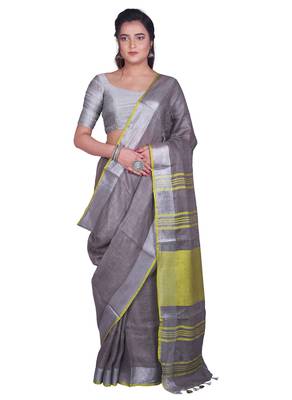 Handmade bhagalpuri linen saree with contrast border in dark grey shade with blouse piece 1