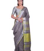 Handmade bhagalpuri linen saree with contrast border in dark grey shade with blouse piece