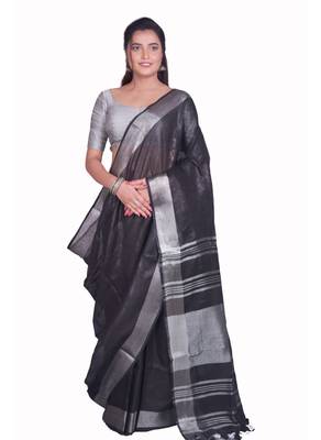 Handmade bhagalpuri linen saree with contrast border in black shade with blouse piece 1