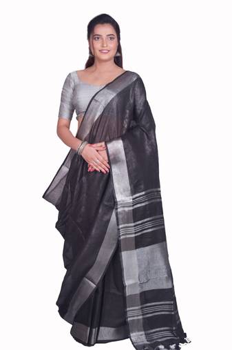 Handmade bhagalpuri linen saree with contrast border in black shade with blouse piece