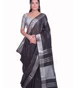 Handmade bhagalpuri linen saree with contrast border in black shade with blouse piece