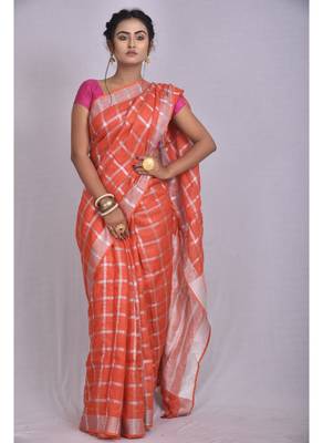 Handmade bhagalpuri linen saree with zari checks orange shade with blouse piece 1