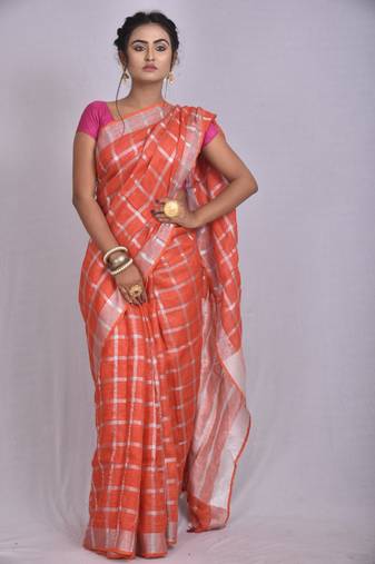 Handmade bhagalpuri linen saree with zari checks orange shade with blouse piece