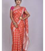Handmade bhagalpuri linen saree with zari checks orange shade with blouse piece