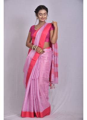 Handmade bhagalpuri tissue linen saree with contrast border in lavender shade with blouse piece 1