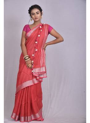 Handmade bhagalpuri linen saree with contrast border in red shade with blouse piece 1