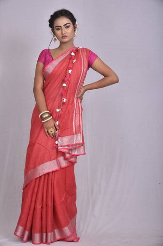 Handmade bhagalpuri linen saree with contrast border in red shade with blouse piece