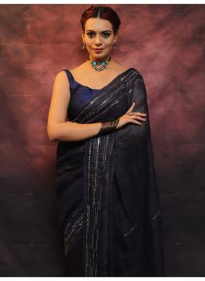 Handmade bhagalpuri linen saree with mirror work in black shade with blouse piece 1